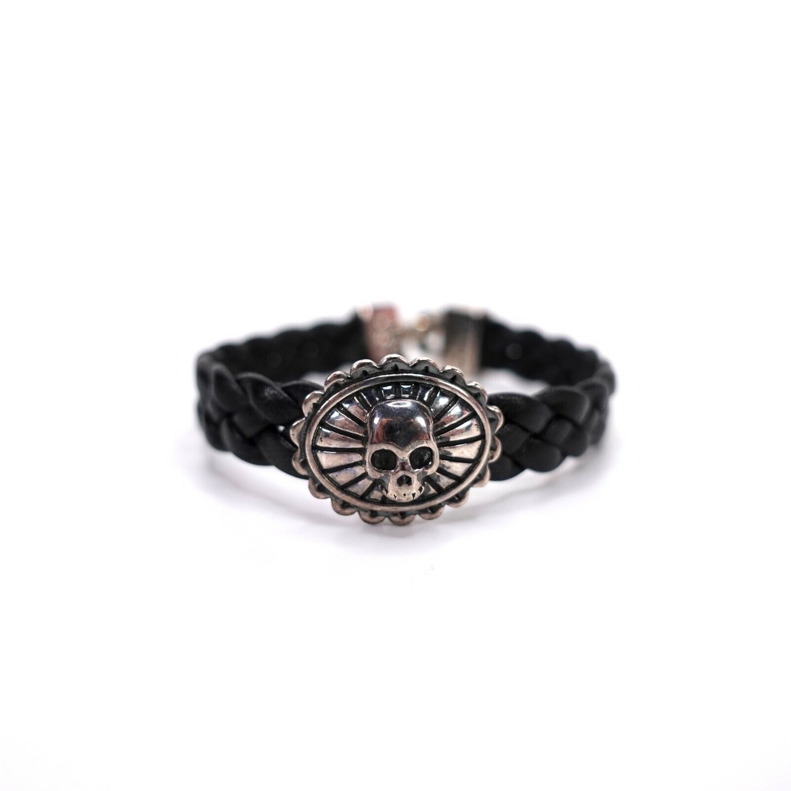 King Baby Small Skull Black Braided Leather Bracelet Hook Clasp 925 Usa 300$